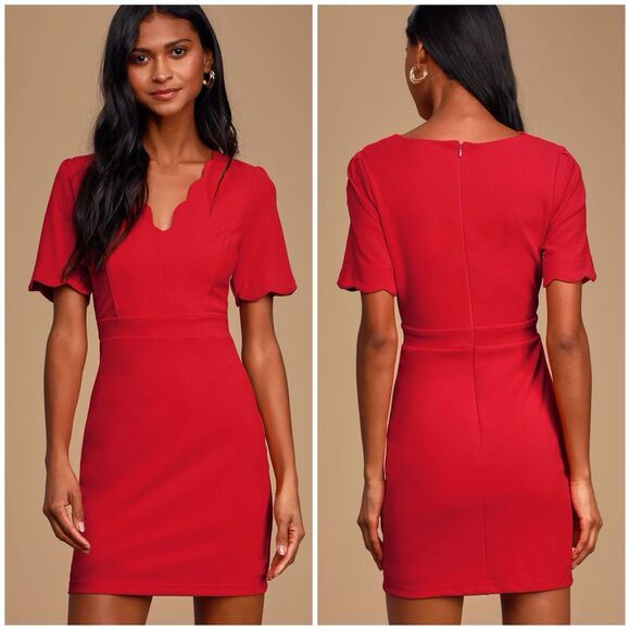 Lulus Dresses & Skirts - Lulus Truer Words Bodycon Dress Women's S Red Scalloped Short Sleeve Mini